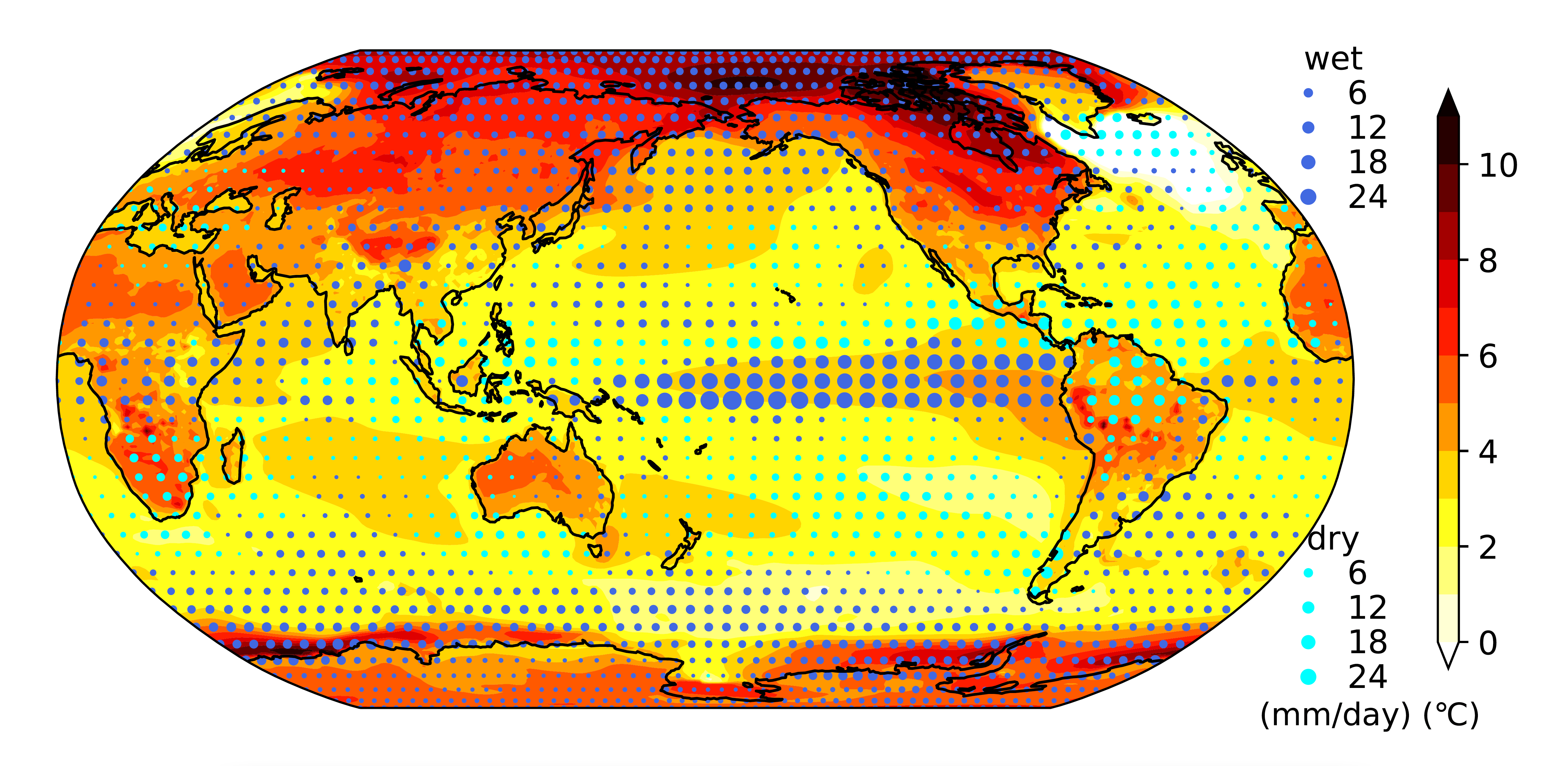 2100년 세계 기후 (빨간색에 가까울수록 기온이 올라가고, 파란색 점이 클수록 강수량이 증가한다. 자료: 기초과학연구원)