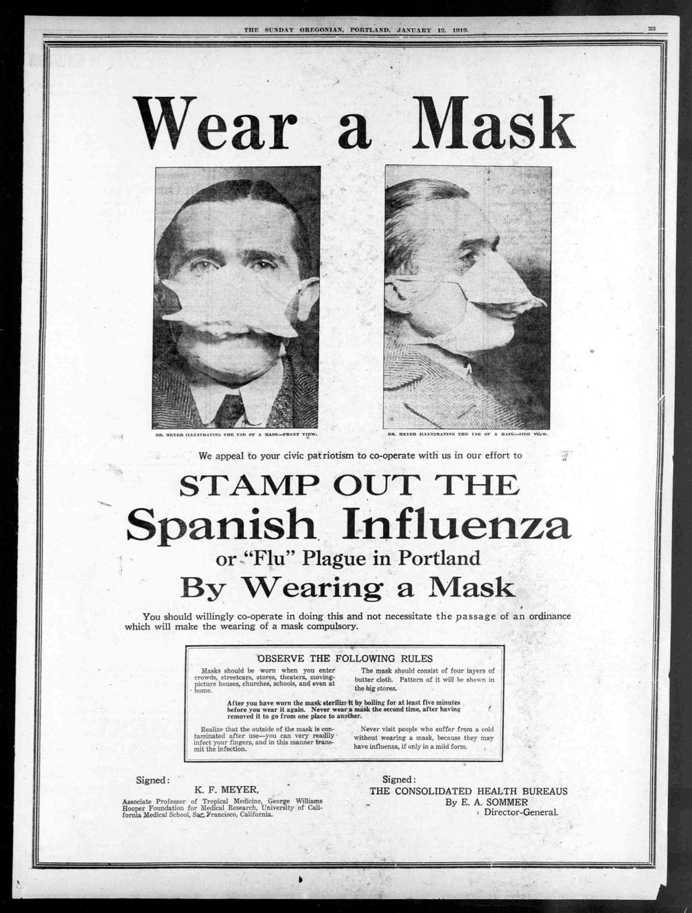 1918년 스페인독감 대유행 당시 마스크 의무화 규제