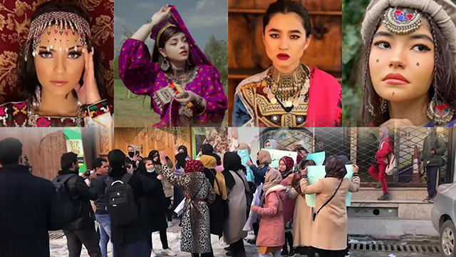 위 : 아프간 여성들의 전통의상 시위(출처 : SNS #DoNotTouchMyClothes)/ 아래 : 거리 시위 나선 아프간 여성들(지난 1월 11일, 카불)