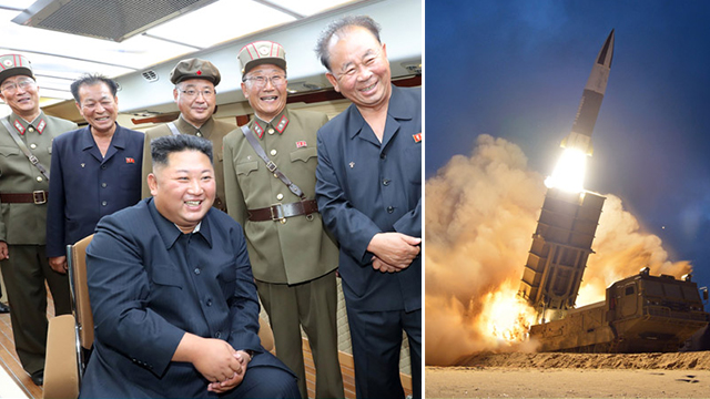 2019년 8월 16일 김정은 북한 국무위원장이 수행 간부들과 함께 KN-24 시험발사를 참관하고 있다.