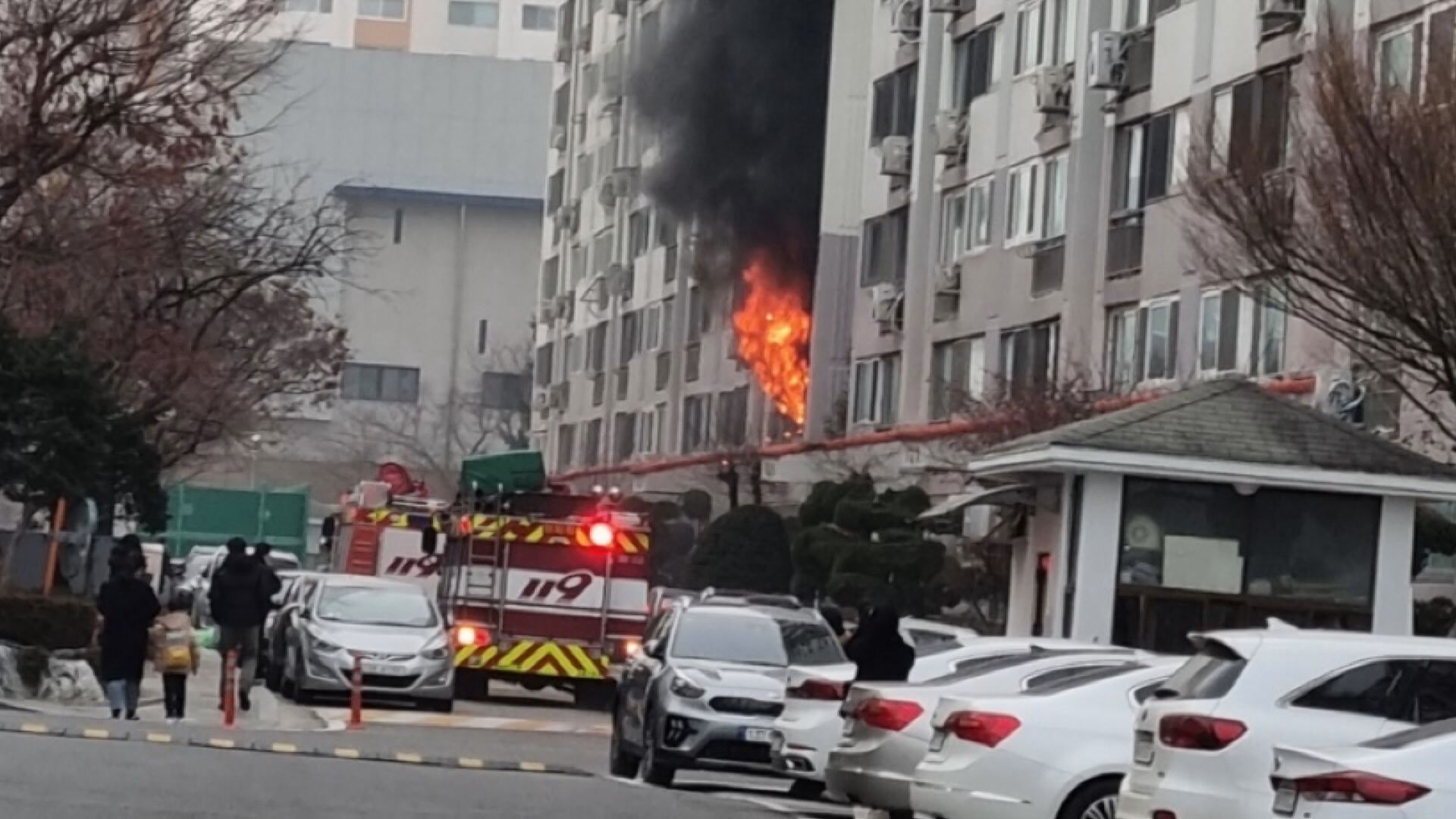 지난달 10일 대전시 월평동의 한 아파트 2층 베란다에서 불길과 함께 검은 연기가 치솟고 있다