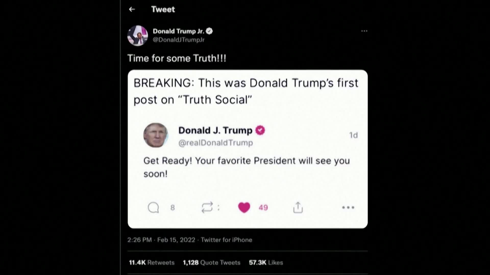 아들 도널드 트럼프 주니어가 트위터에 공유한, 트루스 소셜에 올라온 트럼프 전 대통령의 첫 게시물.