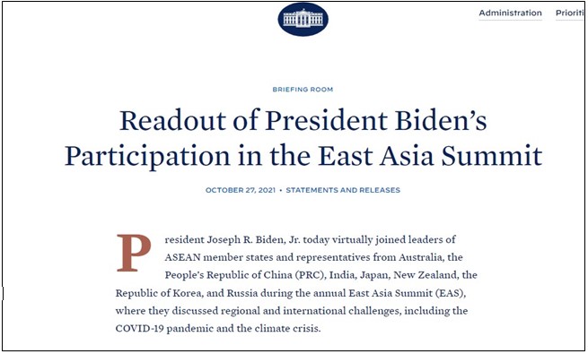 백악관이 2021년 10월 발표한 바이든 대통령의 동아시아 정상회의 참석 관련 보도자료에는 인도-태평양 경제 프레임워크(IPEF)에 대한 내용도 짧게 언급됐다