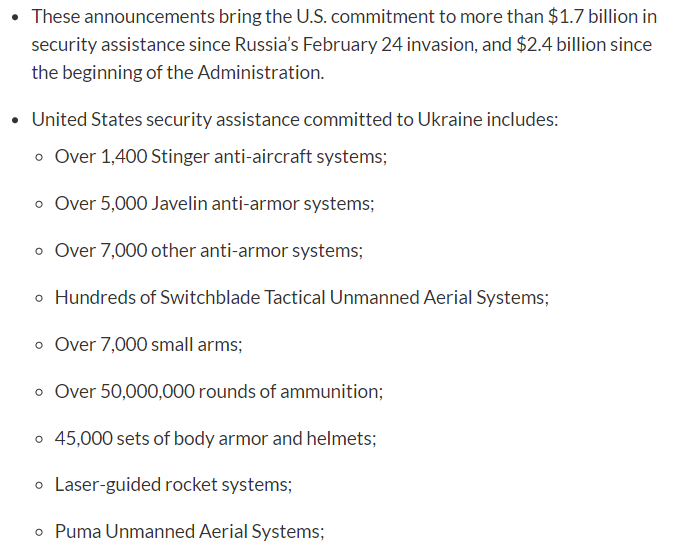 우크라이나에 대한  미국의 안보 지원( 미국 국방부 홈페이지, 2022.04.07.)