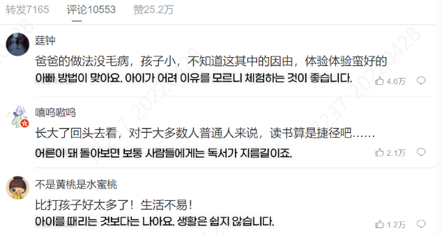 중국 한 매체의 ‘연근 소녀’ 동영상에 25만 명 넘게 찬성 의견을 밝히고 만명 넘게 댓글을 달았다.  각각 4만명, 2만명 이상 ‘좋아요’를 눌러 가장 호응이 많았던 댓글들은 아버지의 행동을 옹호하는 내용이다. (그래픽/홍선우)