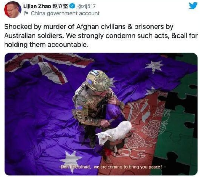 자오리젠 중국 외교부 대변인이 2020년 11월 트위터에 호주 군인이 아프간 어린이를 학살하는 풍자 만화를 올리며 중국-호주 정부 사이에 설전이 벌어졌다. 스콧 모리슨 당시 호주 총리가 직접 사과를 요구했지만 화춘잉 중국 외교부 대변인은 이를 거절했다.