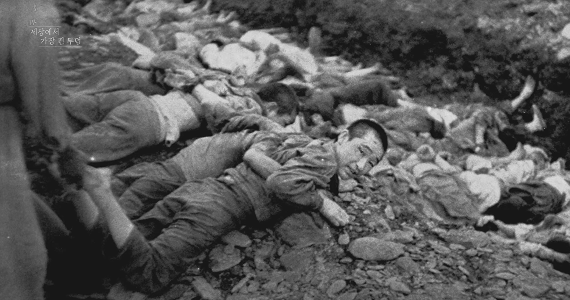 1950년 촬영된 대전 골령골 학살현장. 당시 군경은 재소자와 좌익으로 몰린 민간인 약 7천여 명을 학살한 거로 추정된다. [화면출처 : KBS 대전 특집 다큐 ‘골령골, 묻혀버린 진실’]