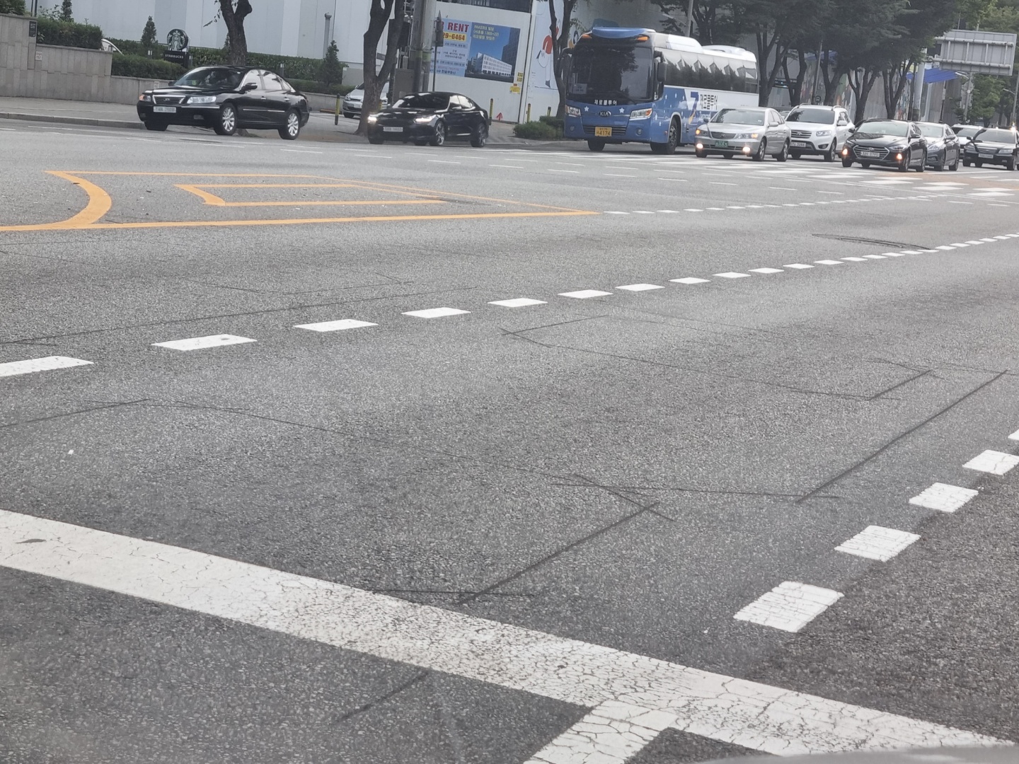 서울 시내 고정형 단속 카메라 아래 모습. 사각형 형태의 ‘바닥 감지선’이 일정 간격으로 보인다.