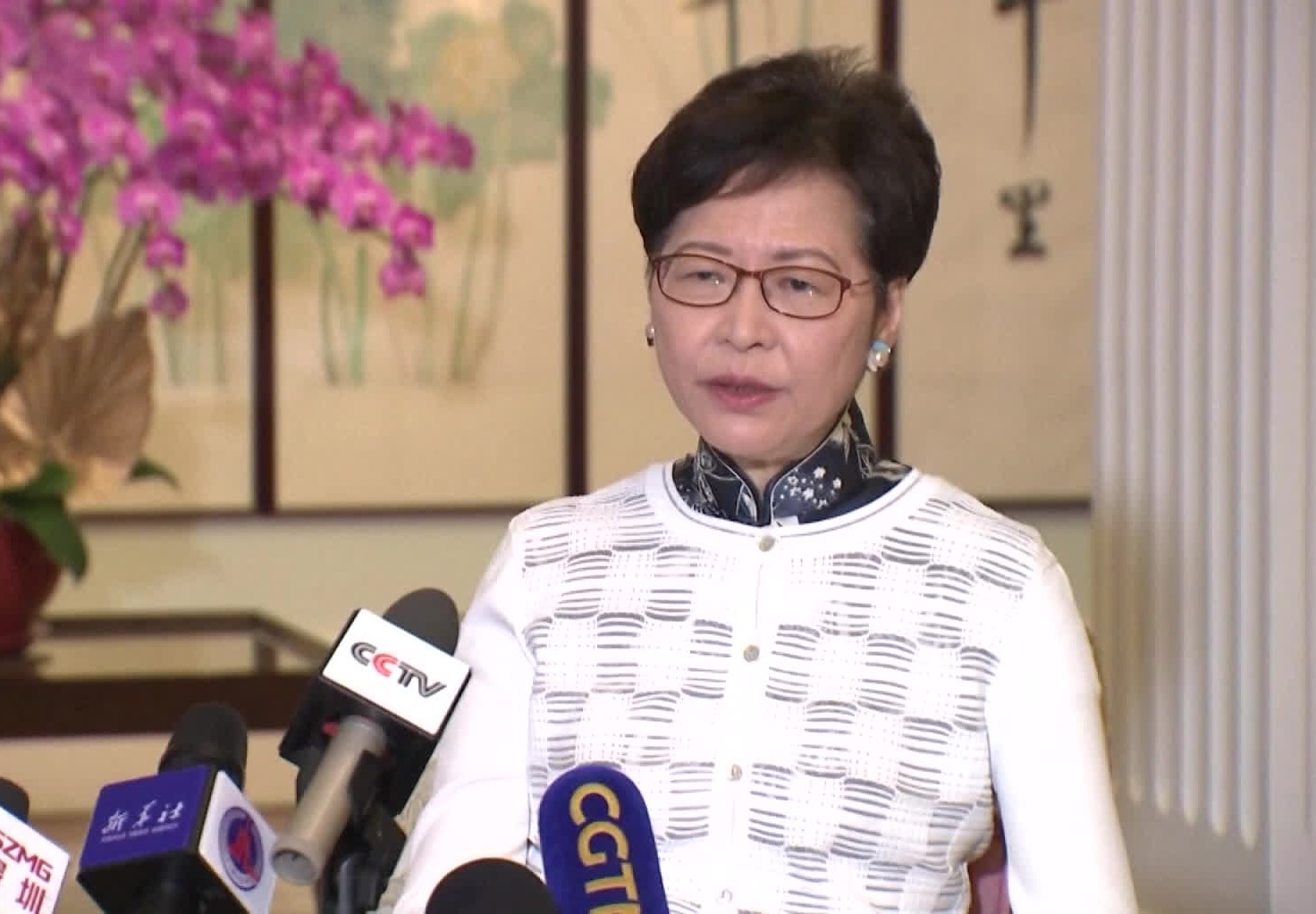 캐리 람 홍콩 행정장관은 기자회견에서 홍콩의 새로운 교육이 홍콩 보안법과 함께 ‘일국양제’를 유지하는데 중요한 역할을 할 것이라고 말했다.(CCTV 캡처)
