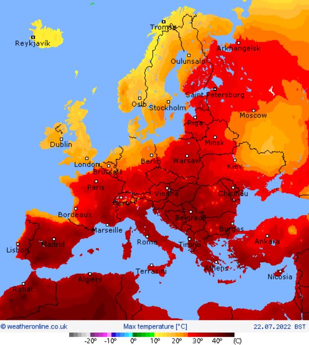 유럽 기온 지도(출처 : weatheronline)