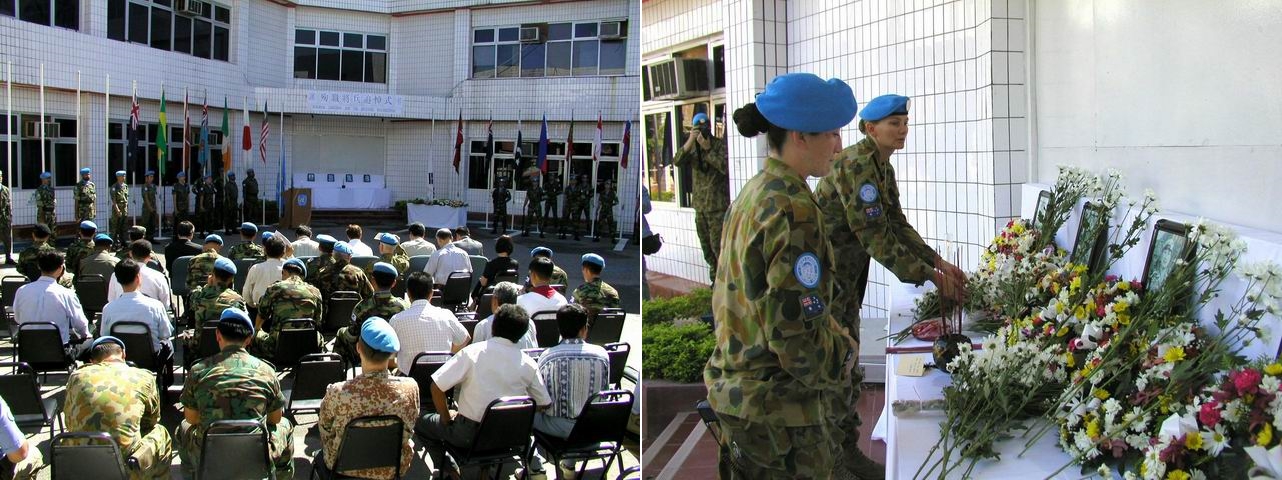 2003년 3월, 동티모르 오에쿠시주(州) 에카트강(江)에서 임무 수행 중 순직한 한국군 장병 5명을 추모하며 주민들이 흐느끼고 있다(위). 동티모르 수도 딜리에서 동티모르 국무총리, UN(국제연합) 특사, 평화유지군 사령관과 각국 대사, 각 참여국 의장병 등이 참석한 가운데 한국군 순직 장병 5명에 대한 UN 추모식이 거행되는 모습(아래). 상록수부대 7진 제공