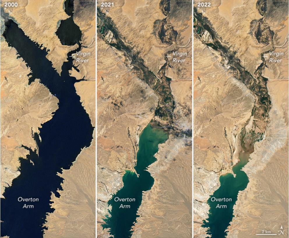 NASA가 공개한 미드 호수 수위 변화 위성사진. 왼쪽부터 차례로 2000년, 2021년, 2022년 모습이다