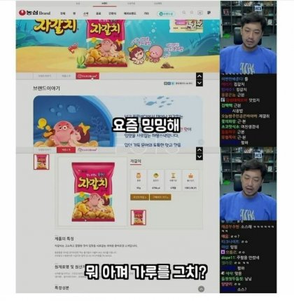 유튜브 방송에서 농심 과자들을 평가하는 침착맨. [커뮤니티 캡처]