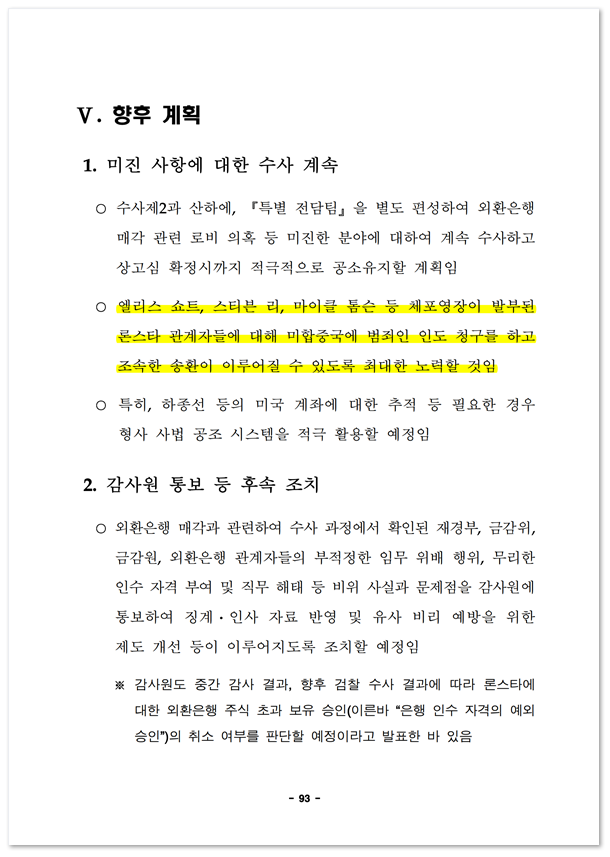 〈외환은행 매각 비리 등 사건 중간수사 결과〉 2006.12.7. 대검찰청
