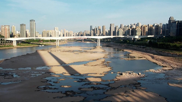 8월 폭염과 가뭄으로 강물이 말라 강바닥이 드러난 모습