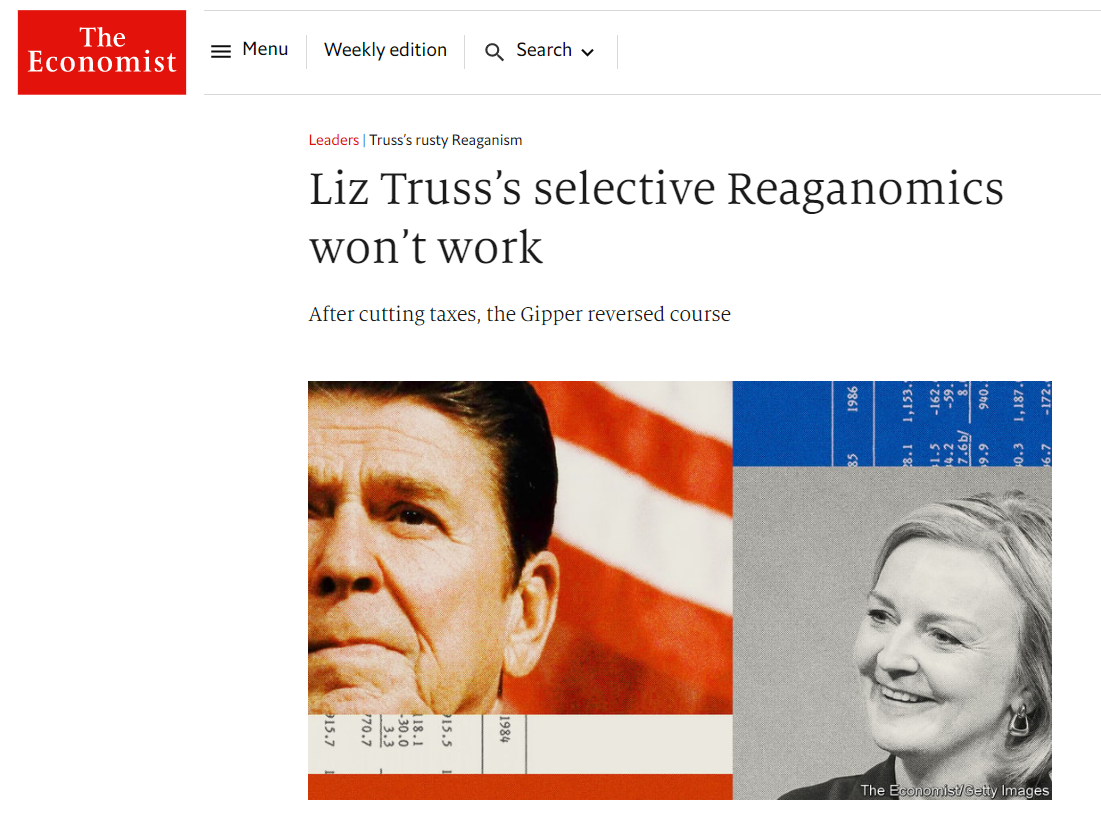 The Economist지 [리즈 트러스의 선택적 레이거노믹스는 작동하지 않을 것이다] 9월 22일 기사