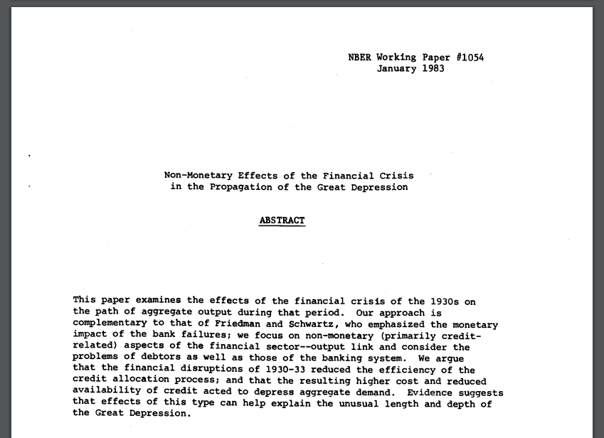 버냉키는 만 29살이던 1983년에 국립과학위원회의 지원으로 발표한 이 논문으로 2022년 노벨상을 받았다.