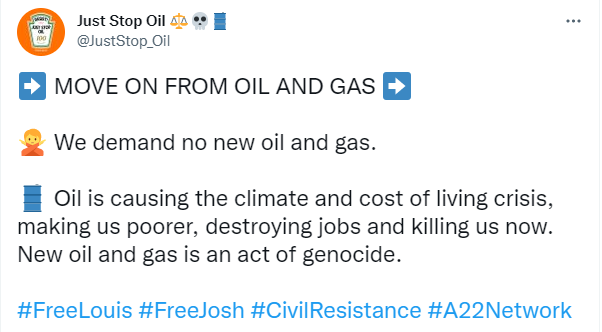 영국 환경단체 ‘저스트 스톱 오일(Just Stop Oil)’ 트위터 (현지 시간 24일)