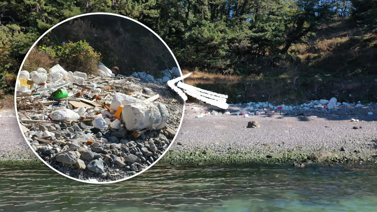 해변의 움푹 들어간 곳마다 이렇게 쓰레기가 모여 있다.