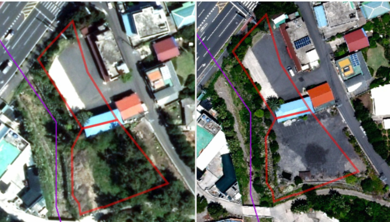 김 씨의 식당이 위치한 과거 위성 사진. 왼쪽에 보이는 초록색 산림이 사라지고 회색 주차장(오른쪽 사진)으로 변한 모습