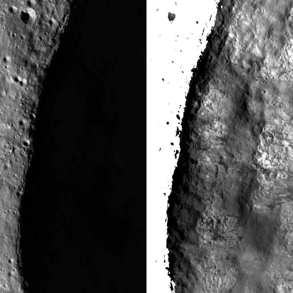 달 북극의 영구음영지역 중 하나인 실베스터 크레이터를 미국 달 탐사선 LRO의 NAC가 촬영한 사진. 왼쪽 사진은 빛이 들지 않은 크레이터 내부가 검게 처리된 반면, 오른쪽 사진은 크레이터 벽면에 반사된 빛을 이용해 내부 모습을 파악할 수 있다. 다누리의 영구음영지역카메라는 NAC보다 200배 높은 감도로 제작됐다. 출처 NASA/GSFC/Arizona State University