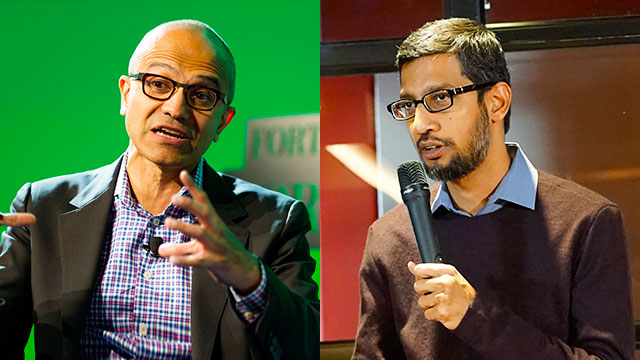 사티아 나델라 MS CEO(왼쪽)와 순다르 피차이 구글 CEO