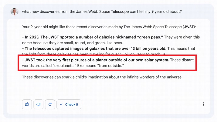 구글 ‘바드’는 ‘제임스웹이 태양계 밖 행성을 처음 촬영했다’고 답했다.