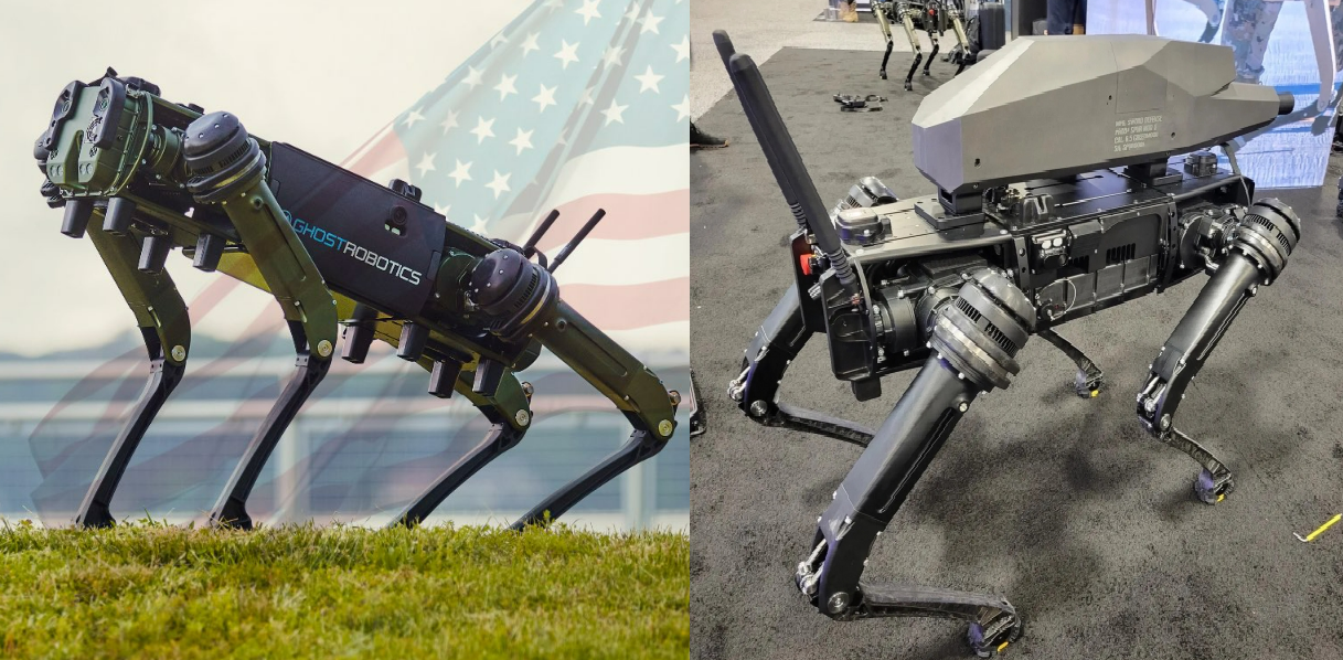 고스트로보틱스 로봇 개(좌/사진=고스트 로보틱스)와 해당 제품으로 주문 제작한 킬러 로봇 개(우/사진:소드인터내셔널)