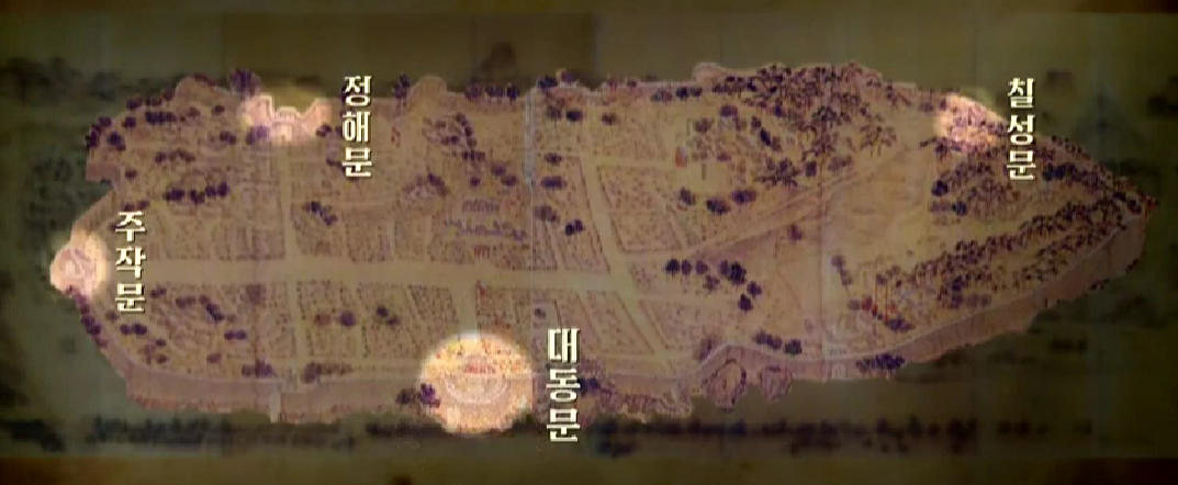 19세기 평양성 지도·대동문은 4개의 성 중에 내성의 동쪽에 있는 관문이다. (출처 : 조선중앙TV 대외 선전 채널)
