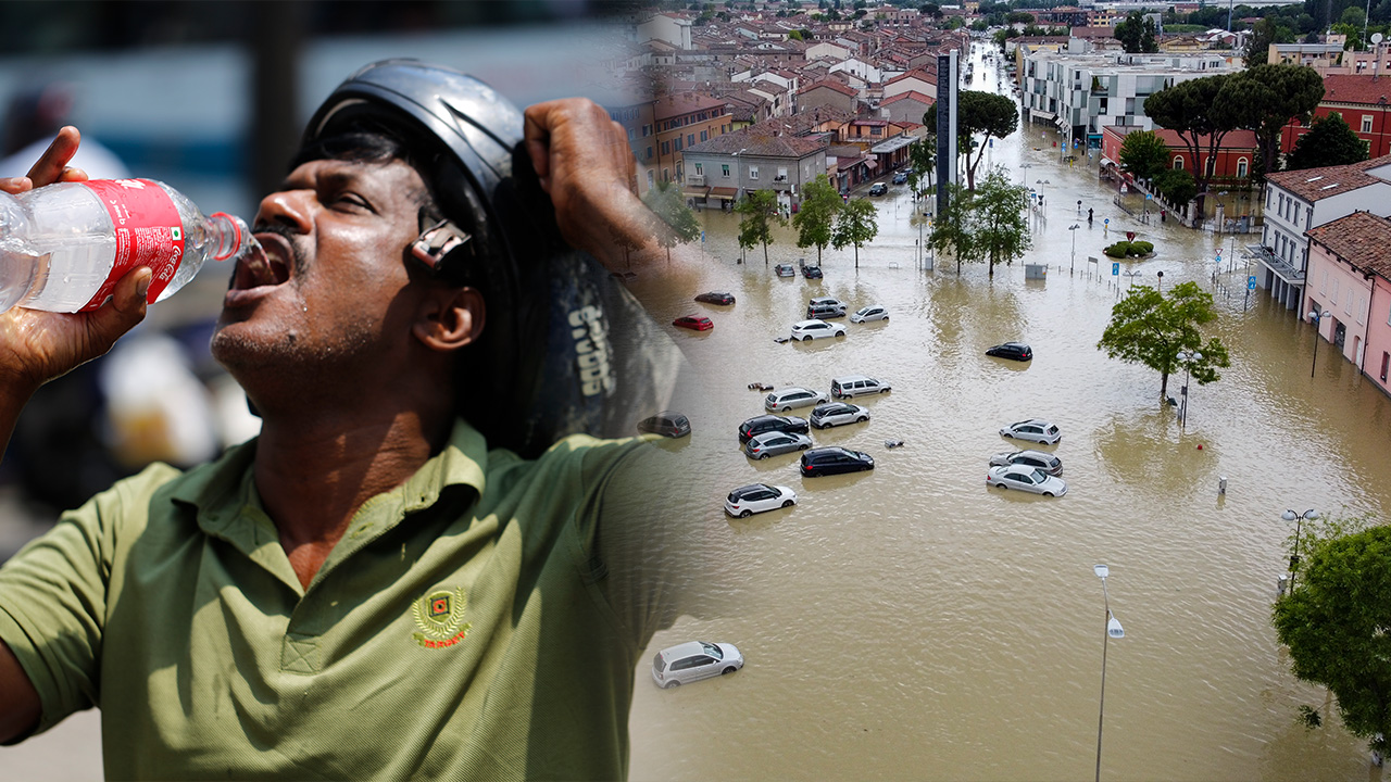 (왼쪽) 지난 11일 폭염이 덮친 방글라데시 모습           (오른쪽) 지난 18일 폭우로 물에 잠긴 이탈리아 북부 도시 모습
