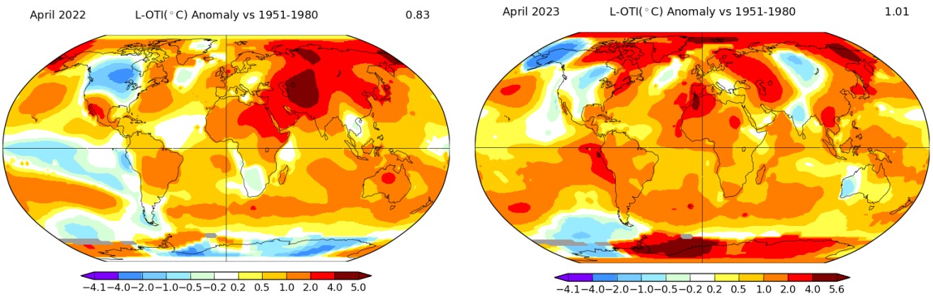 자료: NASA(미 항공우주국)  좌: 지난해 4월 평년대비 기온 차이  / 우: 올해 4월 평년대비 기온 차이
