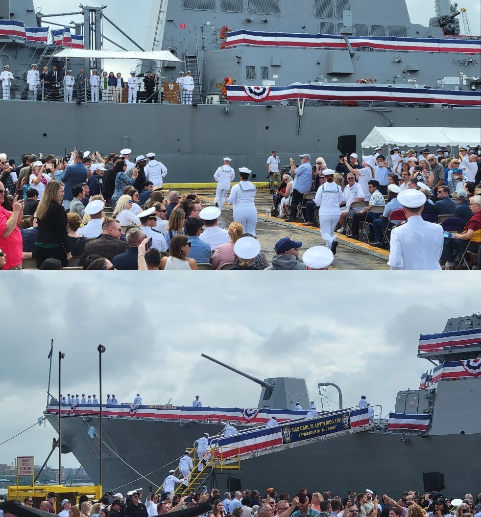 현지 시간 24일 미국 볼티모어 항에서 열린 ‘칼 M 레빈’ 구축함 취역식에서 함정 위로 뛰어올라가고 있는 승조원들 (촬영=KBS)