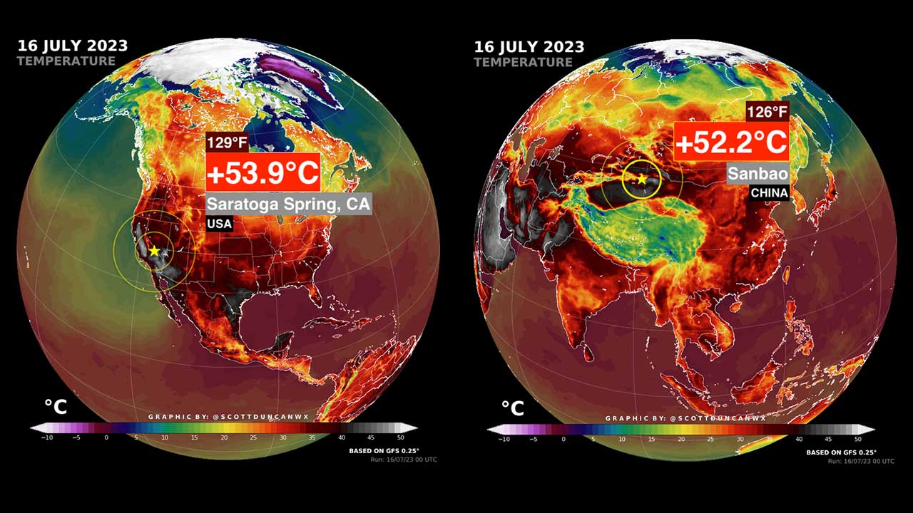 지난 16일 미국과 중국의 내륙 사막지역에선 최고기온 50도를 넘는 폭염이 기록됐다. 그래픽: 스코틀랜드 기후학자 스콧 던컨(scott duncan) SNS
