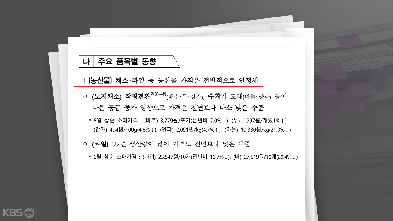 농림축산식품부가 6월 20일에 배포한 〈농식품 물가관리방안〉 자료 중 일부. 붉은색 강조 표시는 KBS 추가.