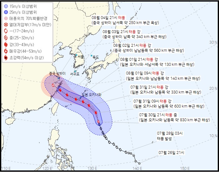  자료: 기상청 발표 태풍정보 (7월 30일 22시)