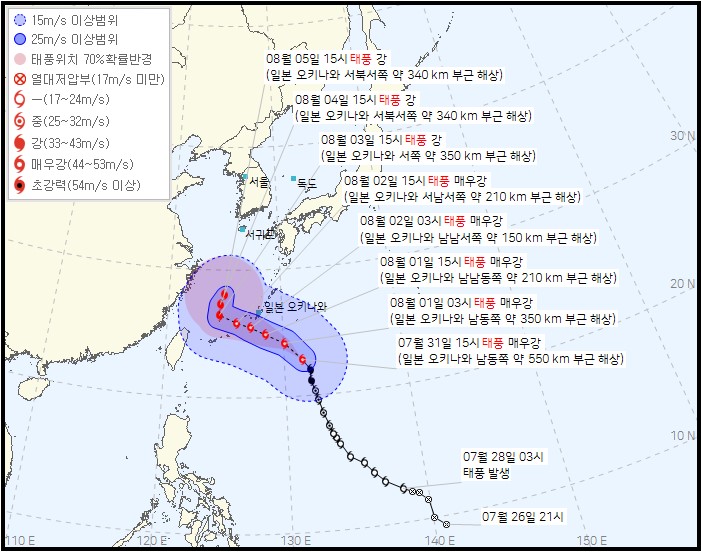 자료: 기상청 발표 태풍정보 (7월 31일 16시)  강도: 매우 강 강풍반경: 400km