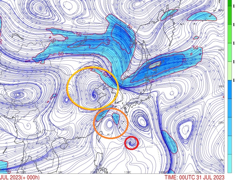  자료: 기상청 상층 흐름도 (붉은선:  태풍/ 주황색선: 저기압 소용돌이/ 노란선: 티베트 고기압)
