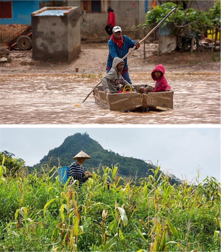 올 1월 열대폭풍 ‘첸네소’가 덮친 마다가스카르(위)와 6월 가뭄이 든 베트남 라오까이성(아래) (사진: AP, VN익스프레스 캡처=연합뉴스)