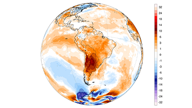 남미지역의 과거 평년(1979~2000) 기온과 이달 1일 기온의 편차. 출처:ClimateReanalizer.org