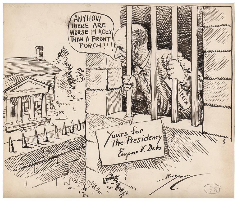 유진 데브스의 수감 중 출마를 묘사한 당시 카툰. 그는 1920년 수감 중에 사회당 대통령 후보로 출마했다. 득표율은 3.43%. (자료출처 : 미국 내셔널 아카이브)