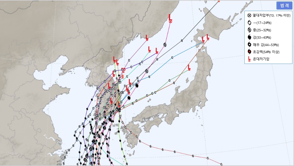 기상청 태풍정보 2001년 이후 한반도 상륙 태풍 진로 검색 결과