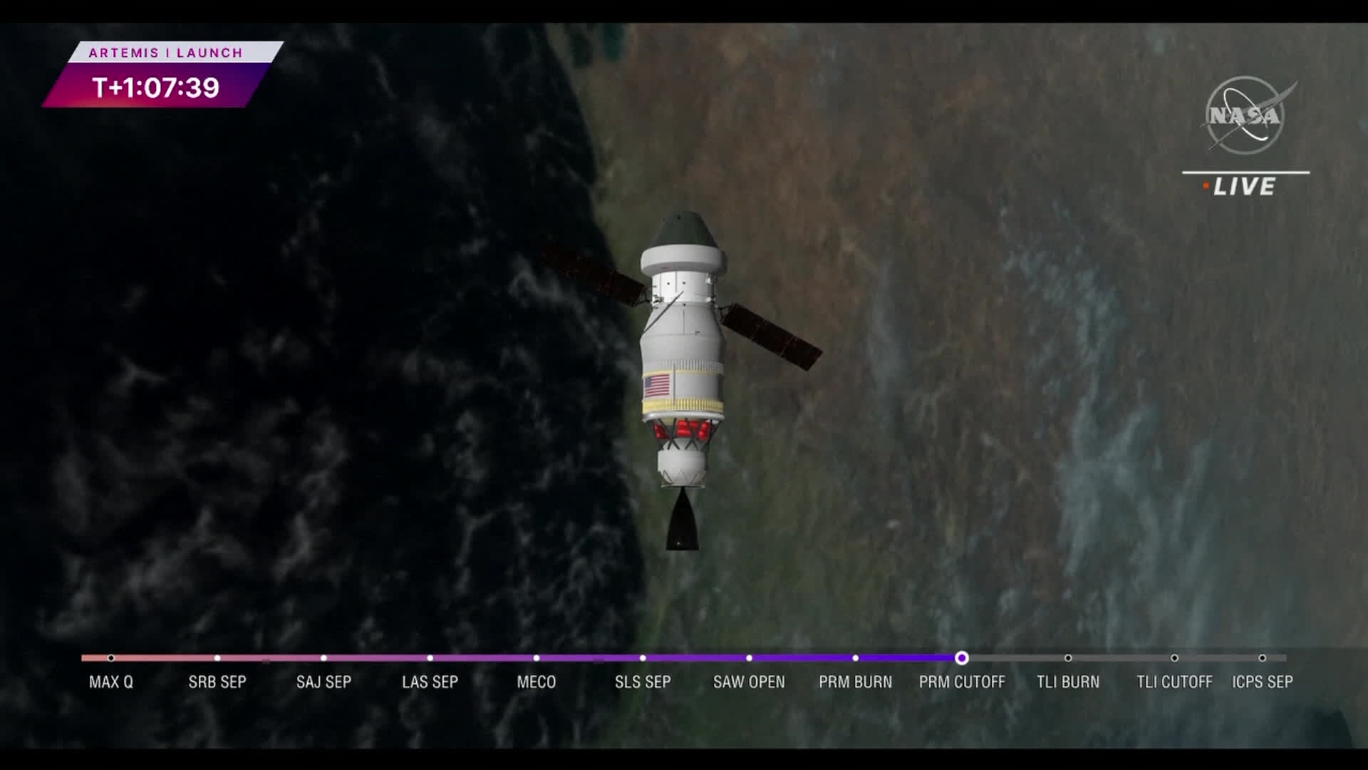 미국 달 탐사선 아르테미스 1호 발사 중계 영상(출처: NASA TV)