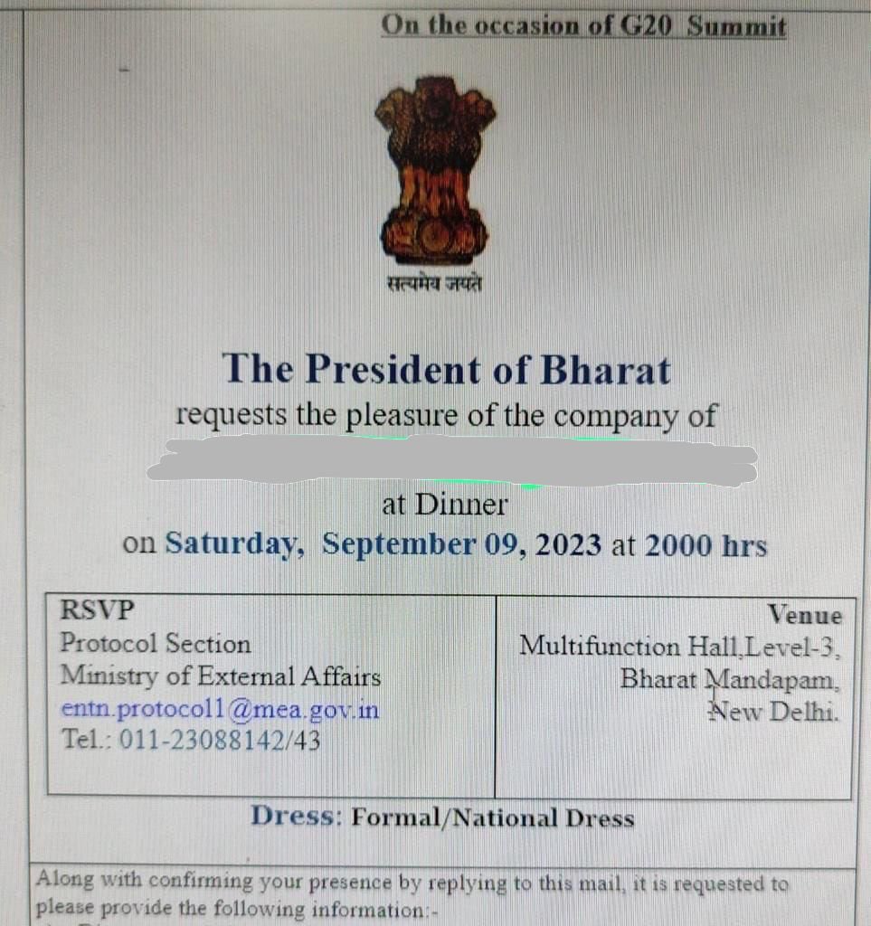 G20 만찬 초청장. ‘President of Bharat’라고 적혀 있다 [출처:인도국민회의당 의원 Shashi Tharoor SNS]