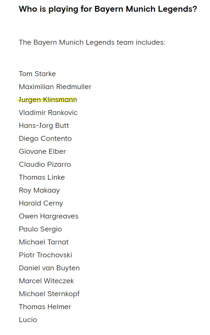 첼시와의 자선 경기를 앞두고 바이에른 뮌헨의 선수 명단에 클린스만 감독의 이름이 올라가 있다.