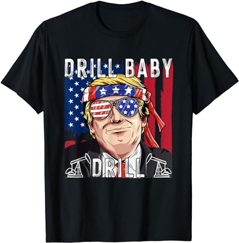 “채굴, 자기야, 채굴(Drill, baby, drill)”이란 문구와 함께 트럼프 전 대통령 얼굴이 그려진 티셔츠. (출처:아마존)
