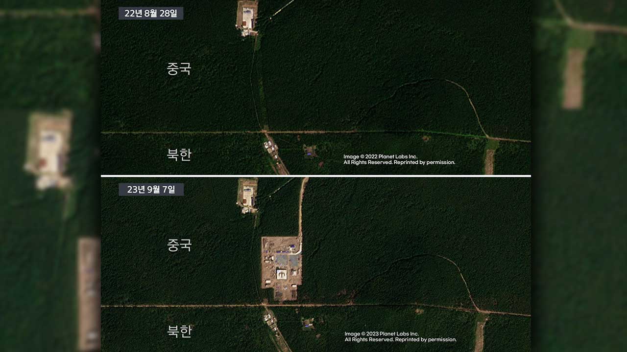 북한 양강도 - 중국 지린성 접경 지역의 중국쪽 쌍무펑 통상구의 모습. 지난해까지만 해도 숲이 울창한 곳에 올해 들어 대규모 세관 시설이 새로 들어섰다.