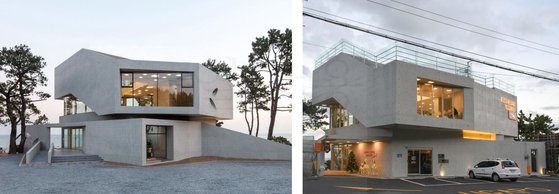 부산 기장군 ‘웨이브온’(왼쪽)과 울산 북구 동해안로의 한 카페. 두 덩이의 콘크리트 구조물이 디자인 뿐 아니라 외관까지 쌍둥이처럼 닮았다. 사진=이뎀건축사사무소 제공