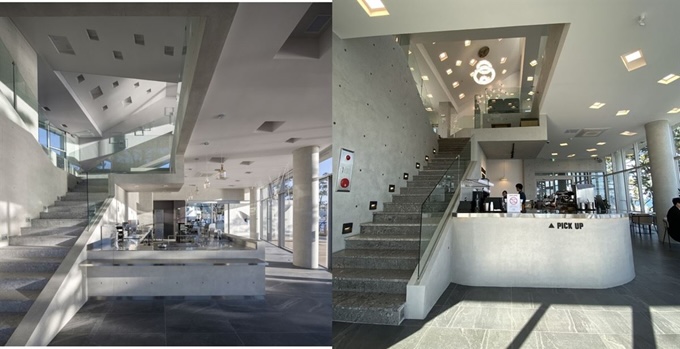 부산 기장의 ‘웨이브온’(왼쪽)과 울산 북구의 한 카페. 내부 구조도 비슷하다. 이뎀건축사사무소 제공