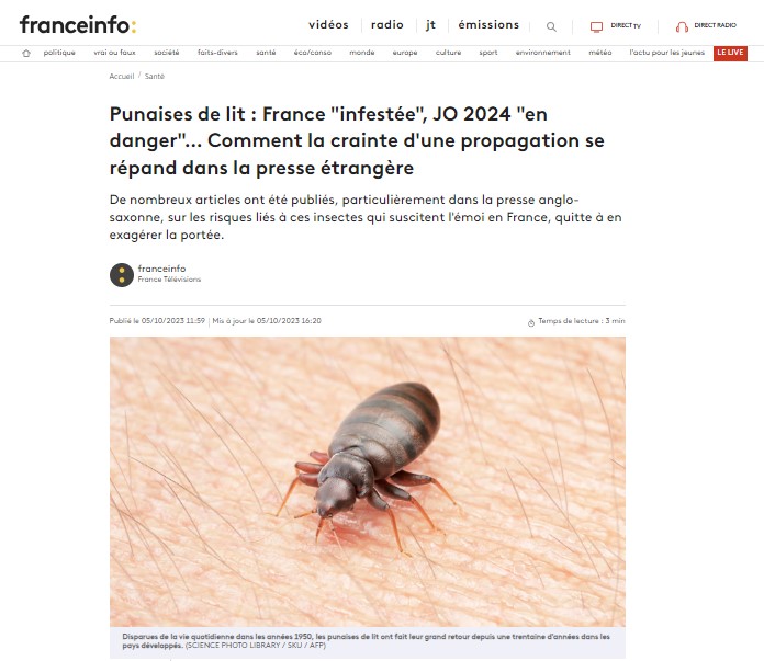 〈“빈대 들끓는 프랑스, 2024년 올림픽 ‘위기’  전파의 공포는 해외 언론에 어떻게 퍼지고 있나” :프랑스 앵포 기사 캡쳐〉