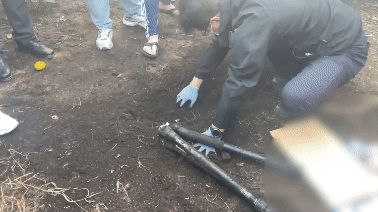 지난 20일 서귀포의 한 과수원에서 경찰이 땅 속에 묻힌 단속카메라를 꺼내고 있는 모습. (서귀포경찰서 제공)